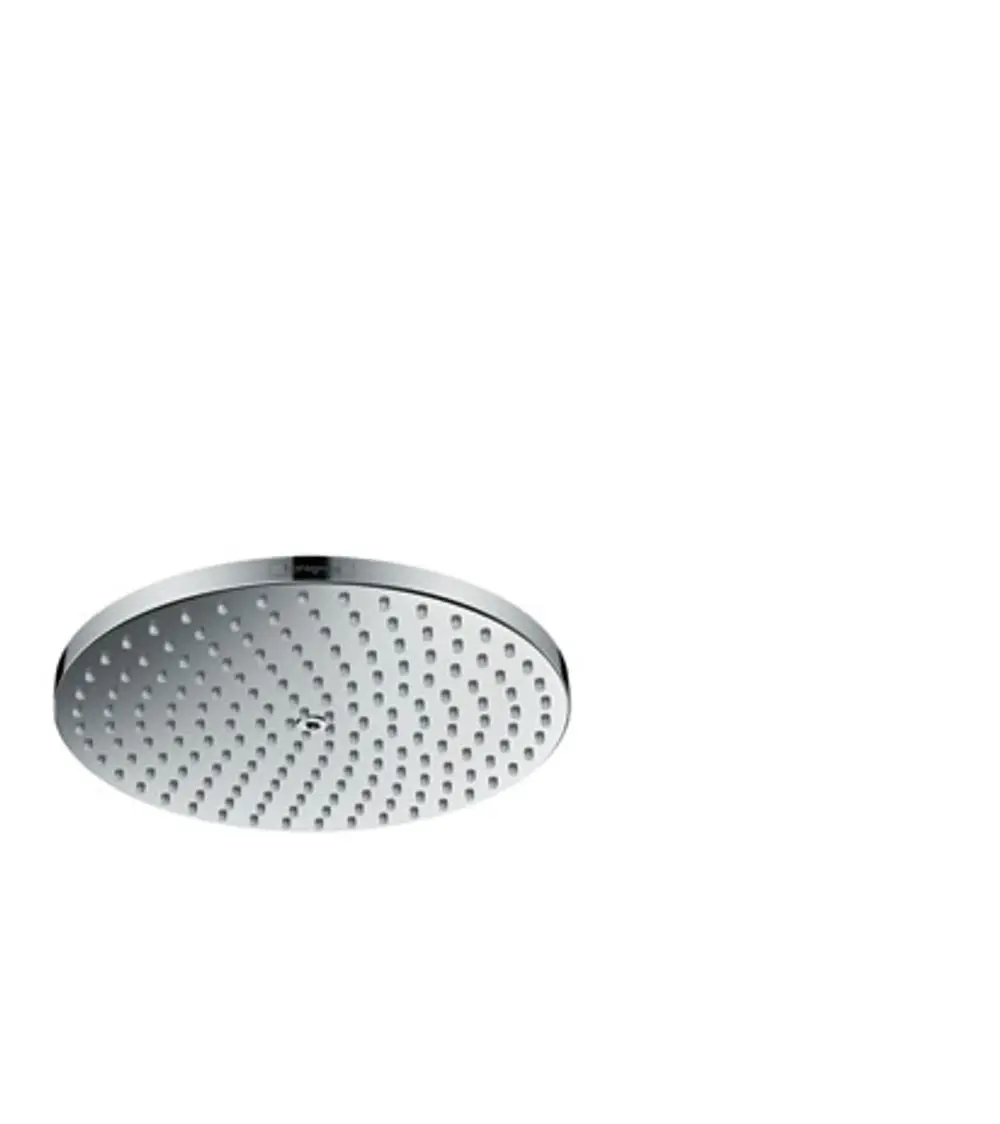 Hängende runde Kopfbrause in Chromoptik von Hansgrohe mit einem gleichmäßigen Muster von Wasseröffnungen für eine gleichmäßige Wasserverteilung.